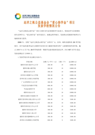 2009年,首期远洋之帆爱心助学金在四川广元、彭州、绵阳及德阳