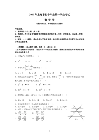 2009年上海市中考数学试卷及答案解析