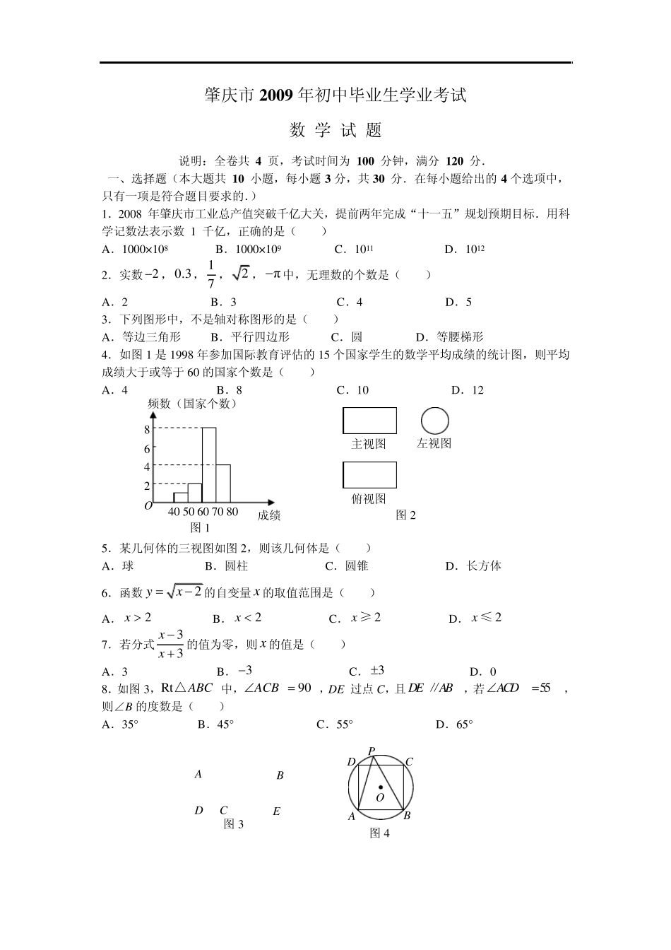 2009年广东省肇庆市中考数学试题及答案_第1页