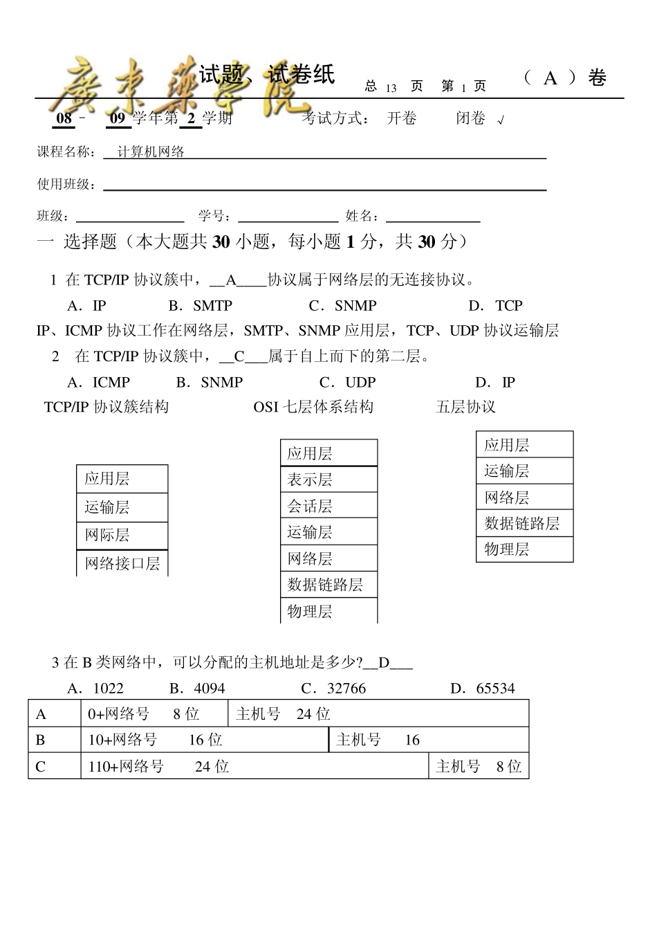 2009计算机网络期末试题(A)_第1页