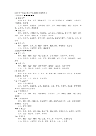 2010~2011年中国综合类大学星级排名及优势专业