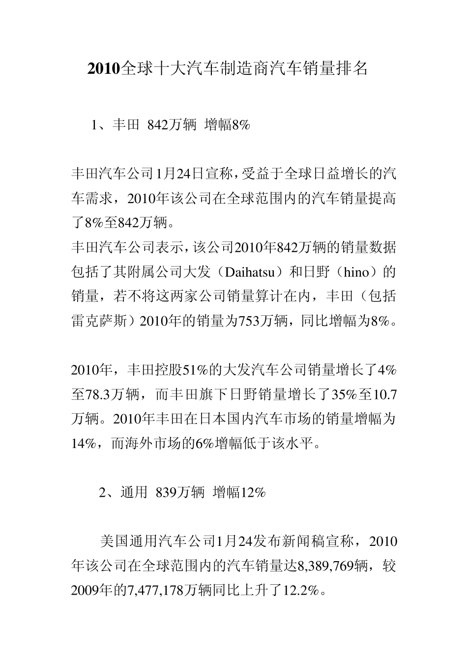 2010全球十大汽车制造商汽车销量排名_第1页