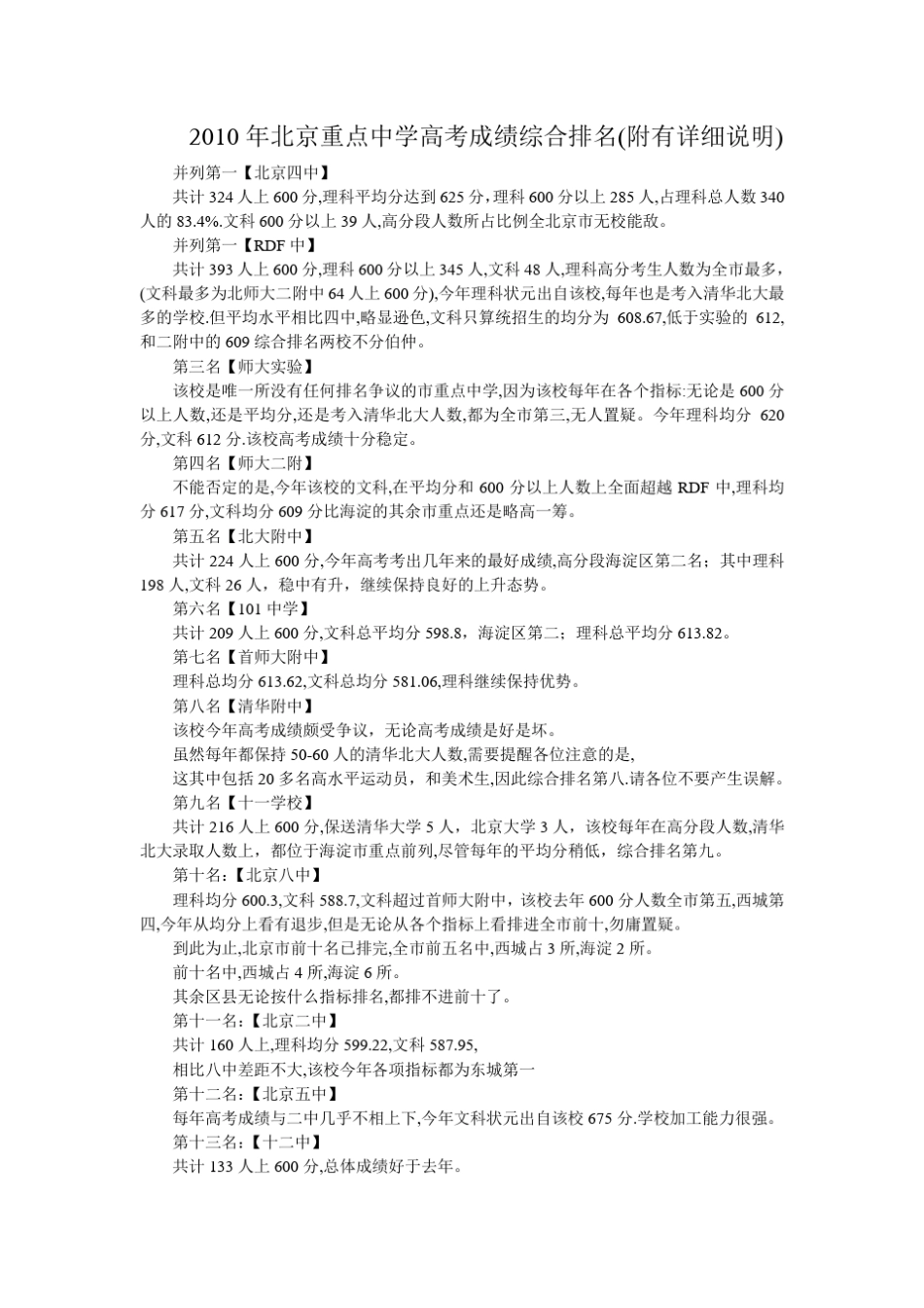 2010年北京重点中学高考成绩综合排名_第1页