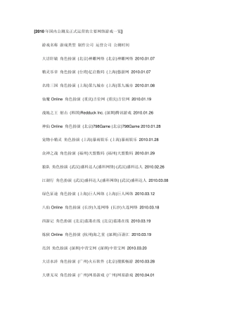 2010年国内公测及正式运营的主要网络游戏一览