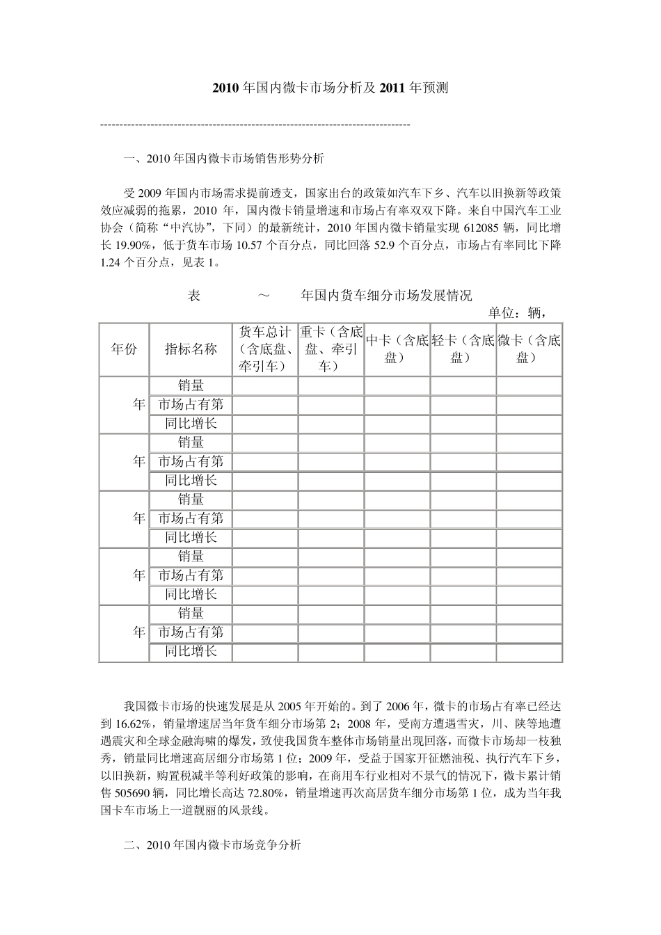 2010年国内微卡市场分析及2011年预测_第1页