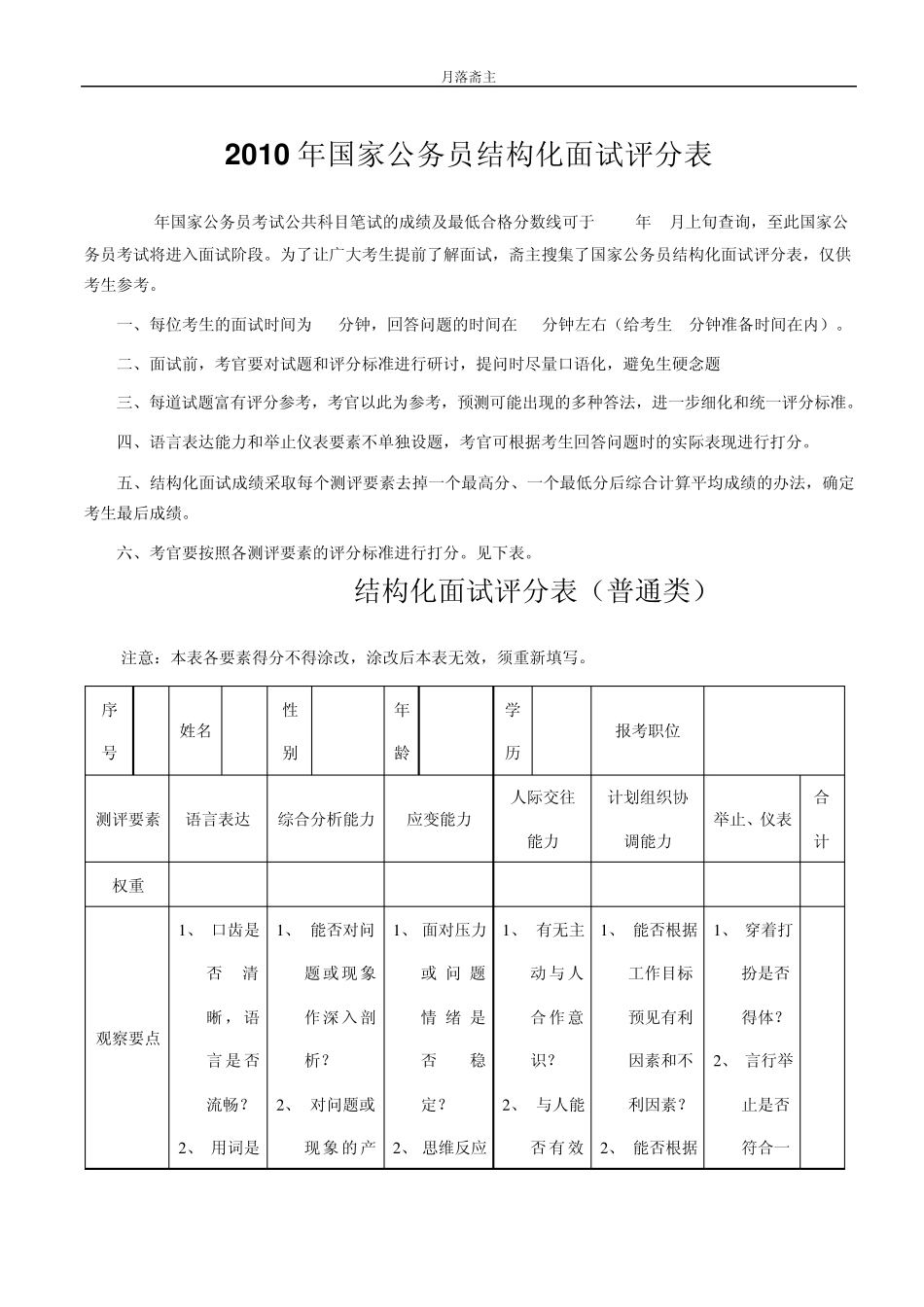 2010年国家公务员结构化面试评分表_第1页