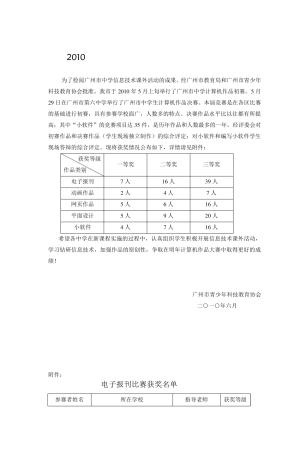 2010年广州市中学生计算机作品大赛获奖公告