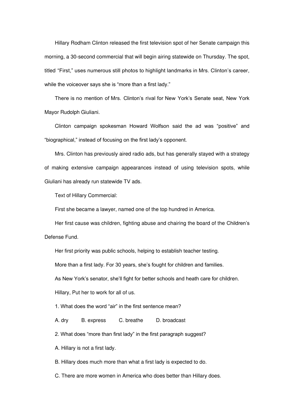 2010年成人英语三级阅读理解训练(含详解)_第1页