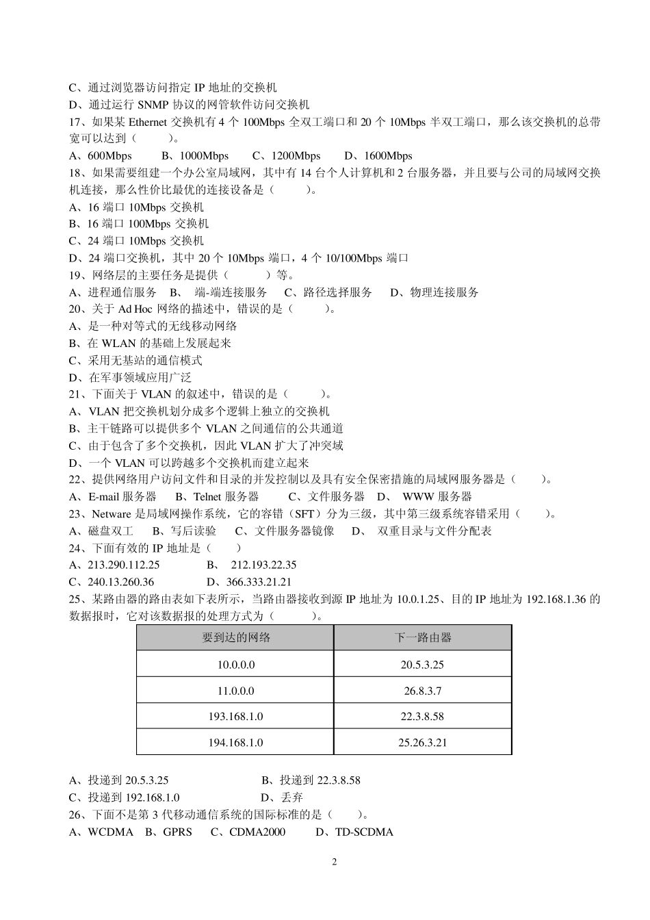 2010年春浙江省三级计算机网络真题+答案_第2页