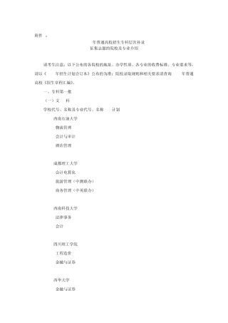 2010年普通高校招生专科层次补录院校及专业名额