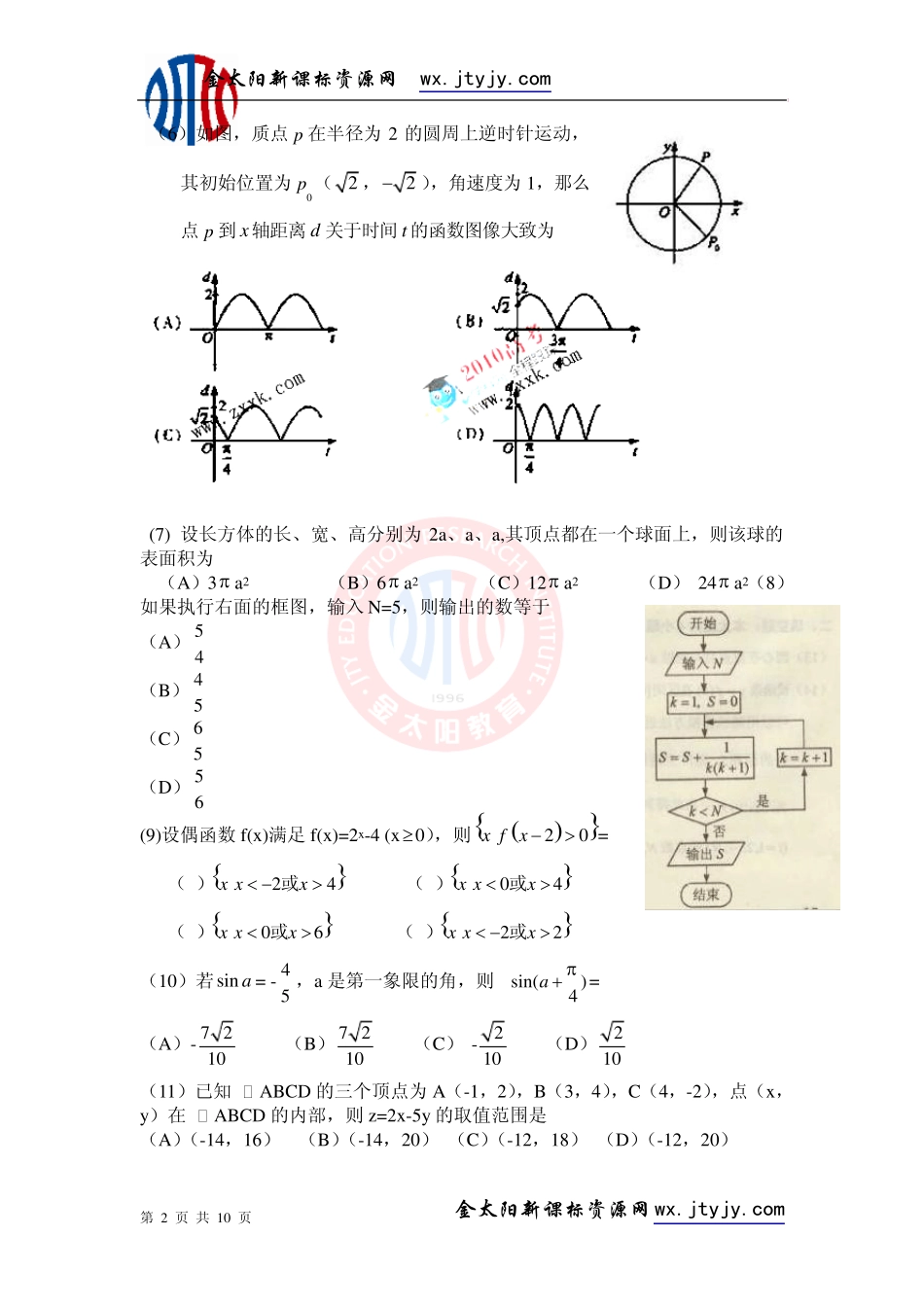 2010年高考文科数学(海南卷)试题及答案_第2页