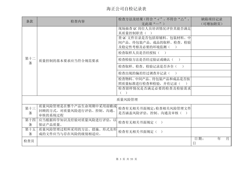 2010版修订GMP_自检检查表海正药业文件_第3页