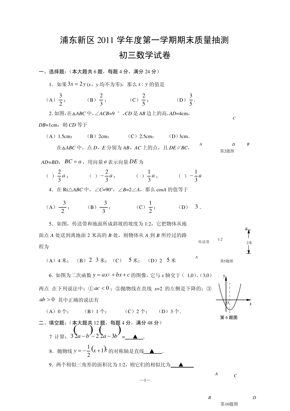 2011学年浦东新区初三数学一模卷_第1页