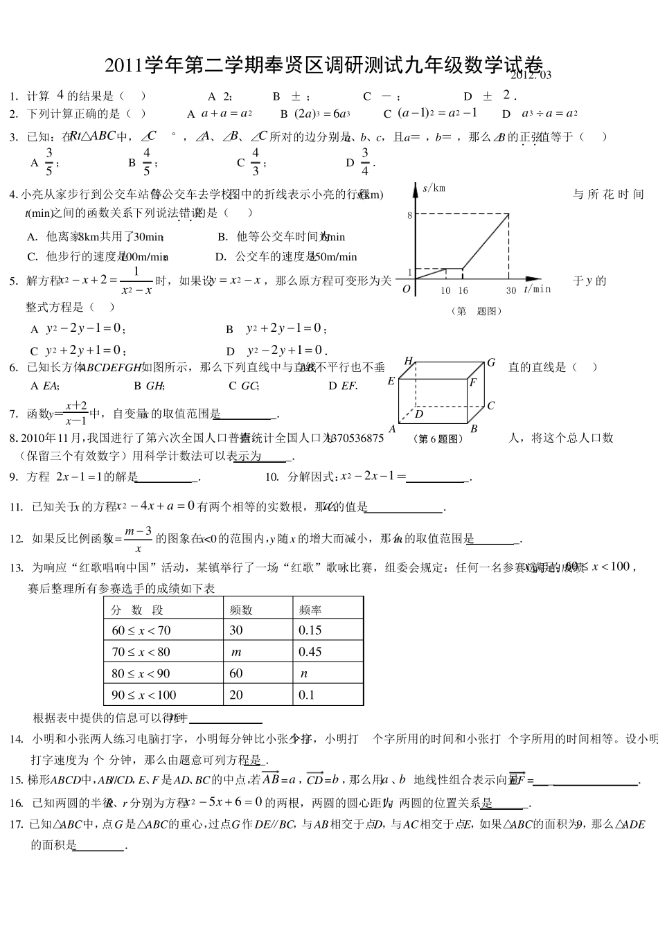 2011学年第二学期奉贤区调研测试九年级数学试卷201203_第1页