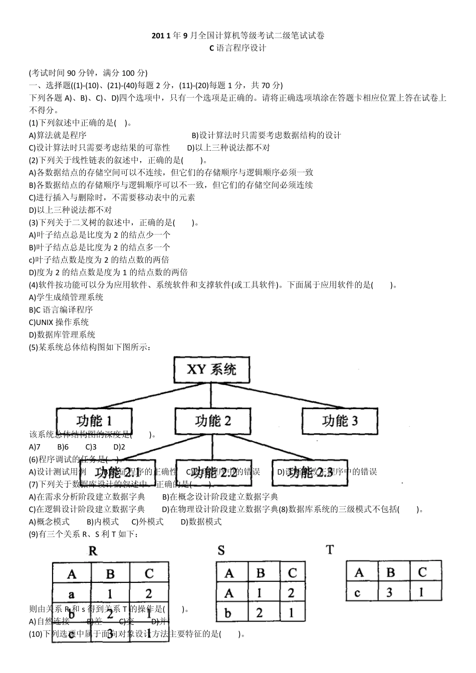 2011年9月计算机二级C语言笔试题及答案_第1页