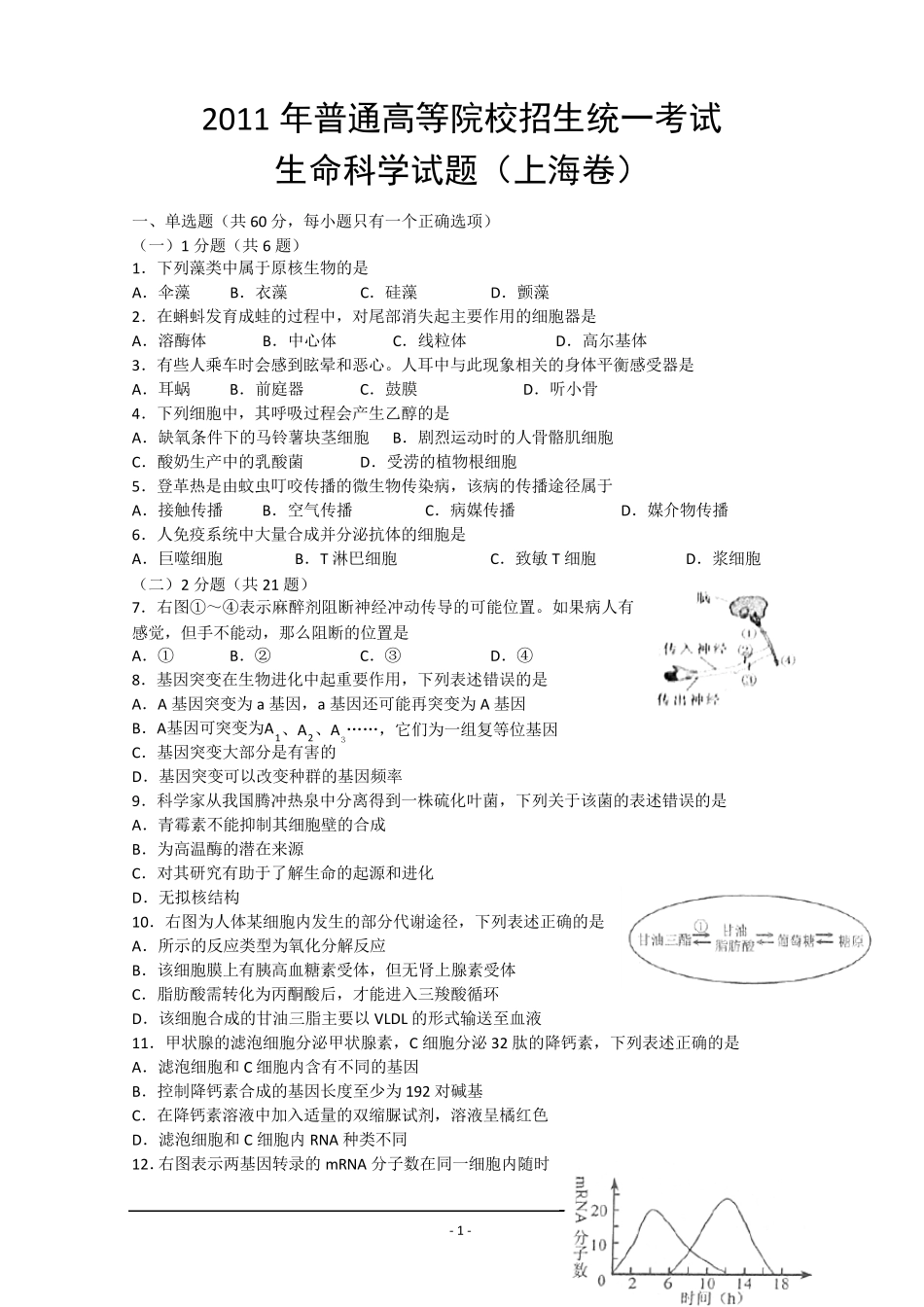 2011年上海高考生命科学试题_第1页