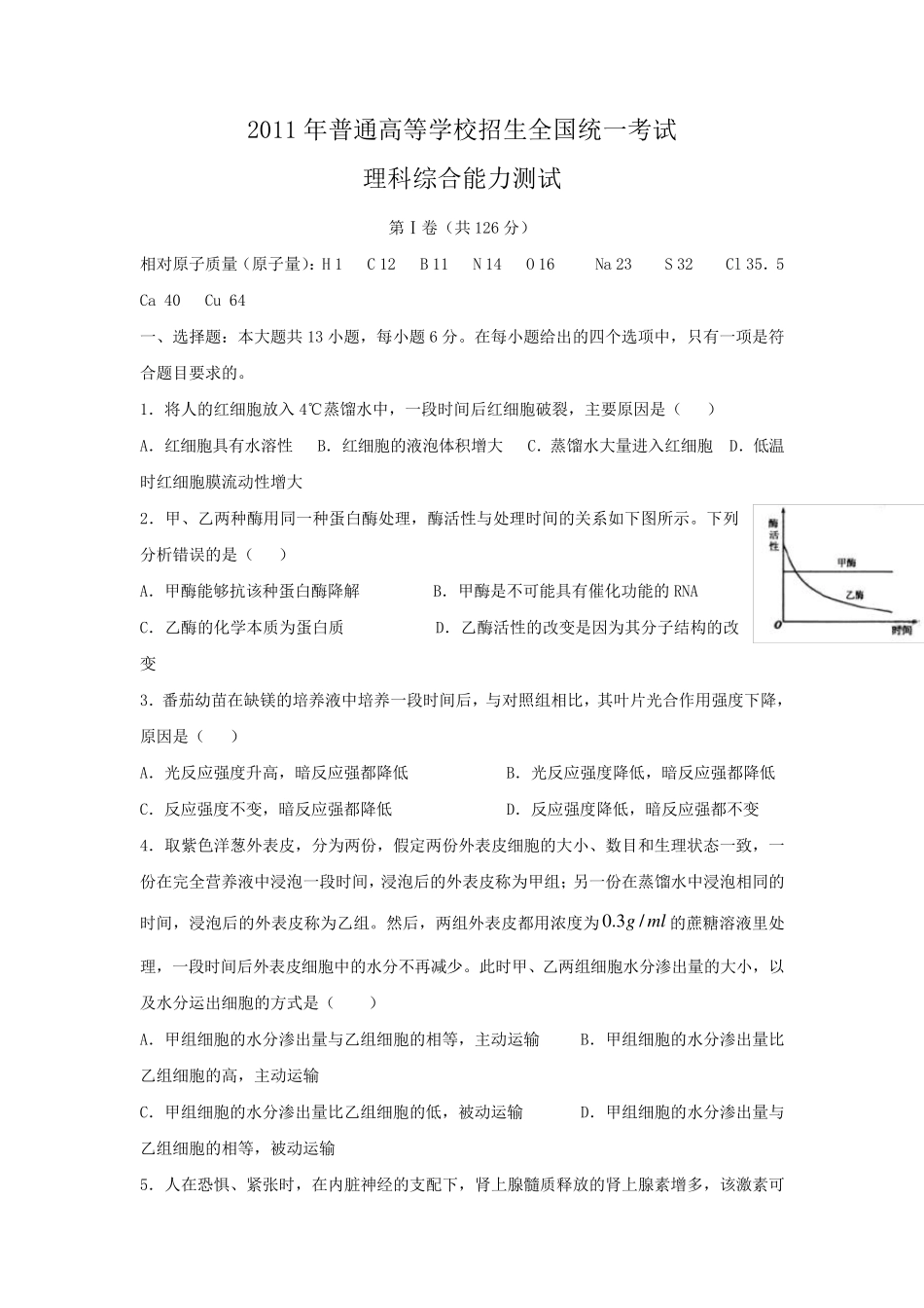 2011年全国高考理综1卷试题及答案_第1页