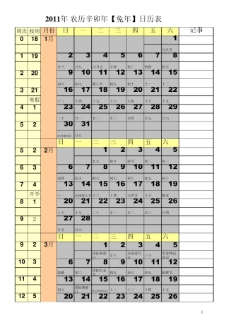 2011年全年日历表(校历)