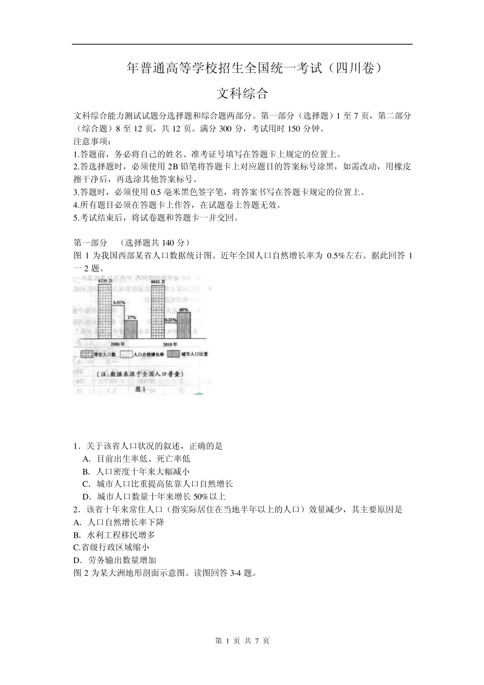 2011年四川高考文综试题及答案地理部分_第1页