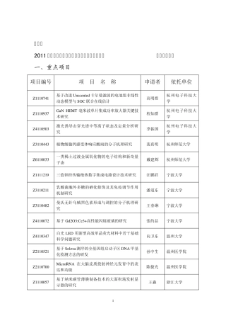 2011年度浙江省自然科学基金拟资助重点项目、一般项目清单