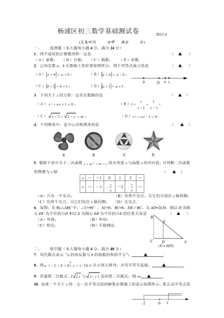 2011年杨浦区初三数学二模试卷