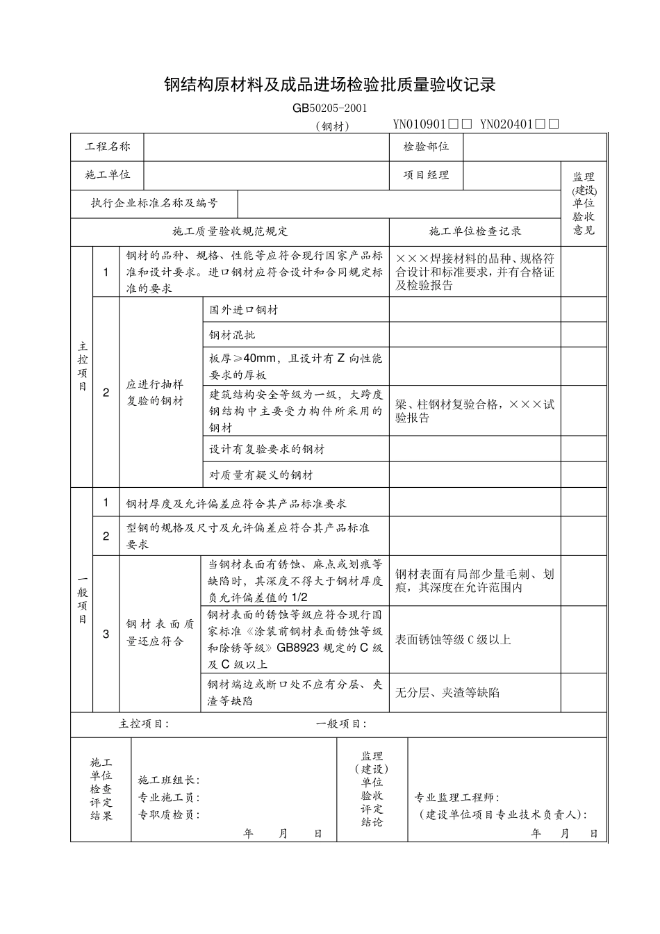 2011年钢结构工程检验批质量验收记录表_第2页