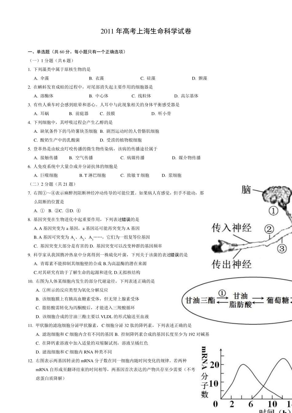 2011年高考理综生物试卷及答案(上海卷)清晰_第1页