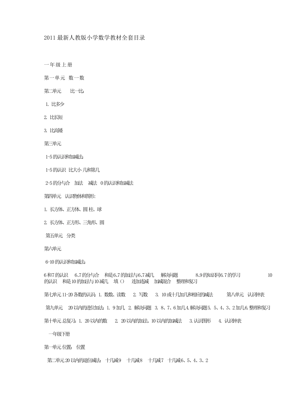 2011最新人教版小学数学教材目录_第1页