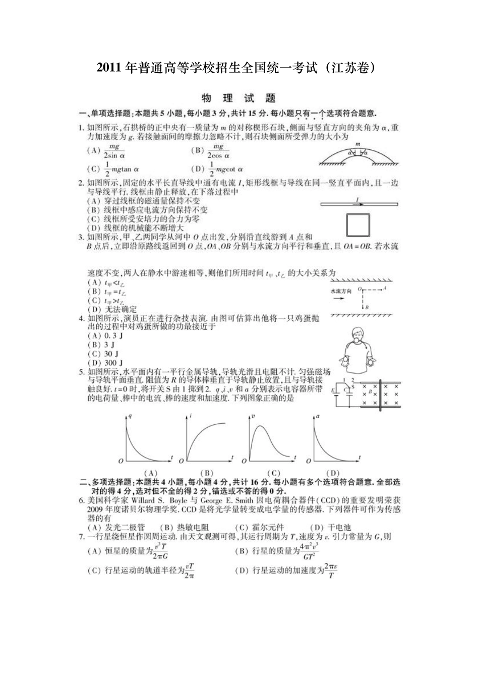 2011江苏高考物理试卷(含参考答案和评分标准)_第1页