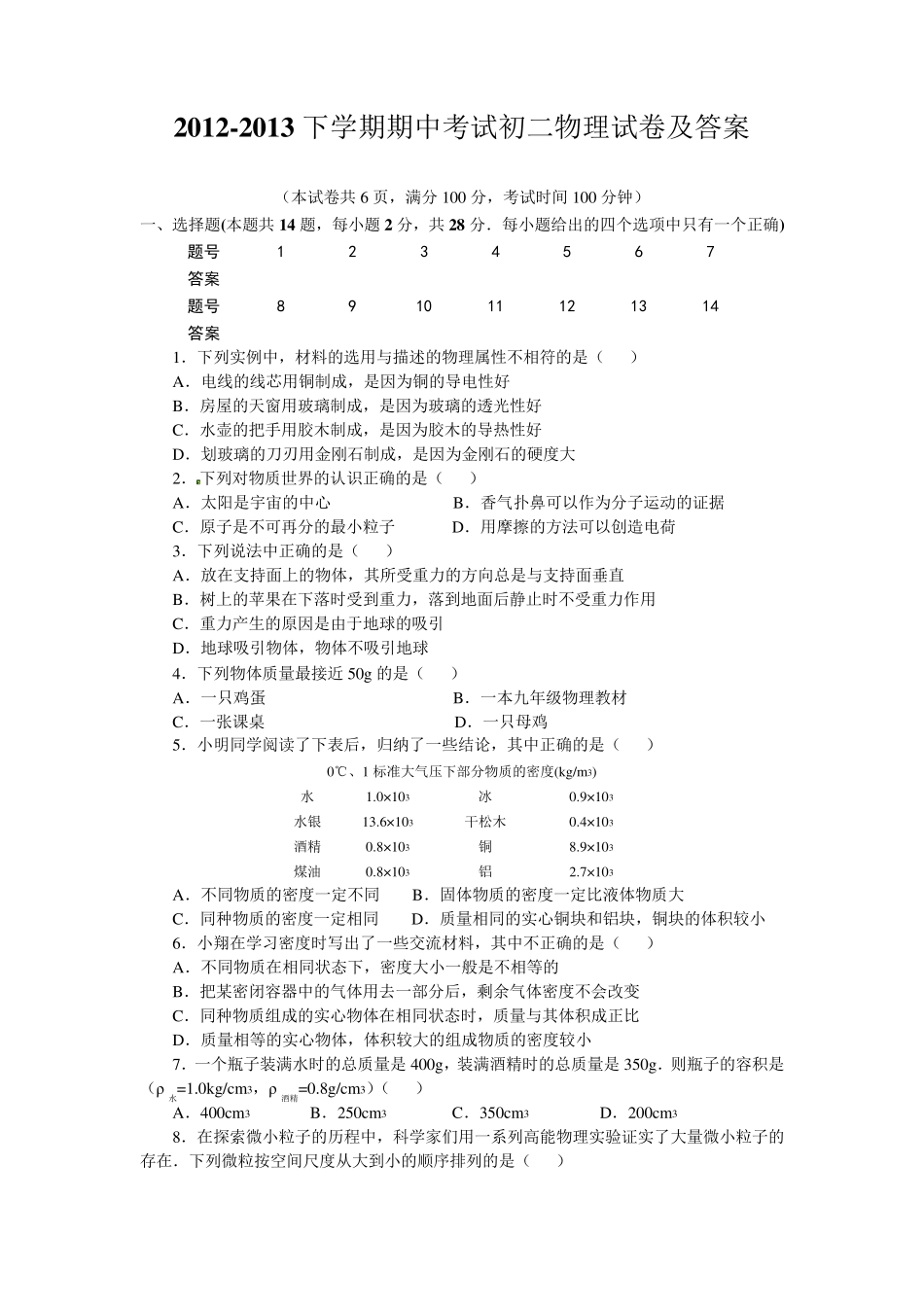 20122013下学期期中考试初二物理试卷及答案_第1页
