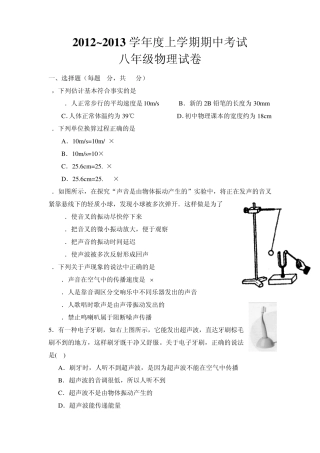 2012—2013学年度上学期期中考试八年级物理试题