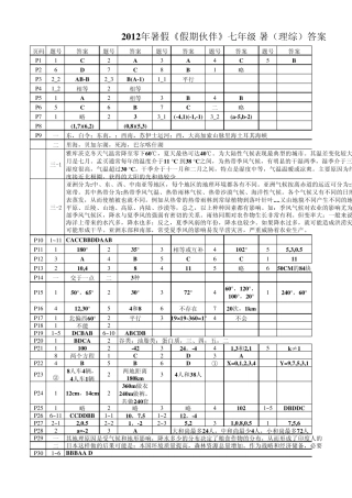 2012《假期伙伴》七年级暑(理综)答案