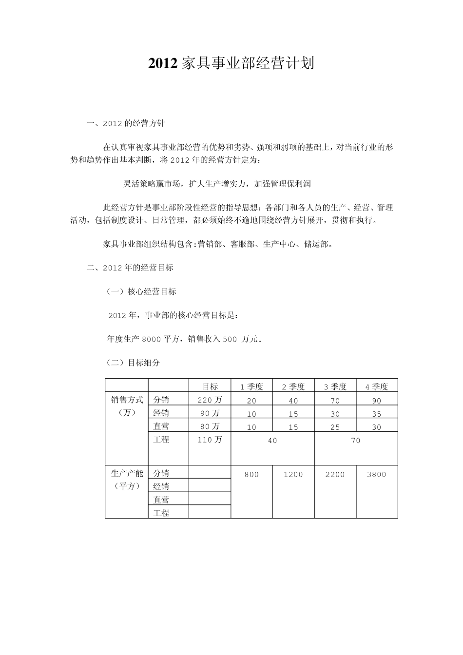 2012事业部经营计划_第1页