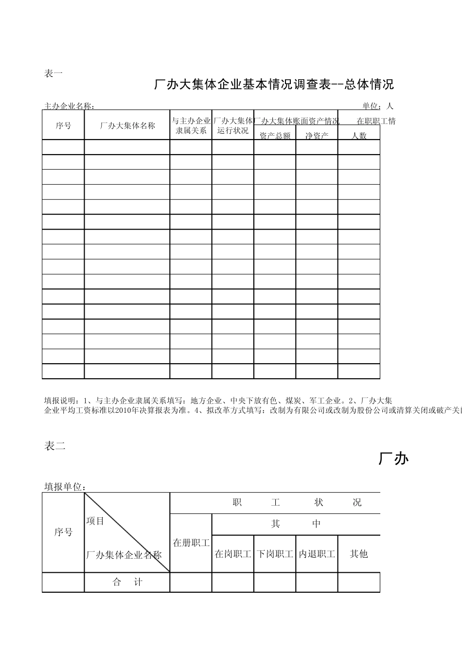 2012厂办大集体企业改革摸底调查表(人员、资产、债务、经营、土地、改革成本共七个表格)_第1页