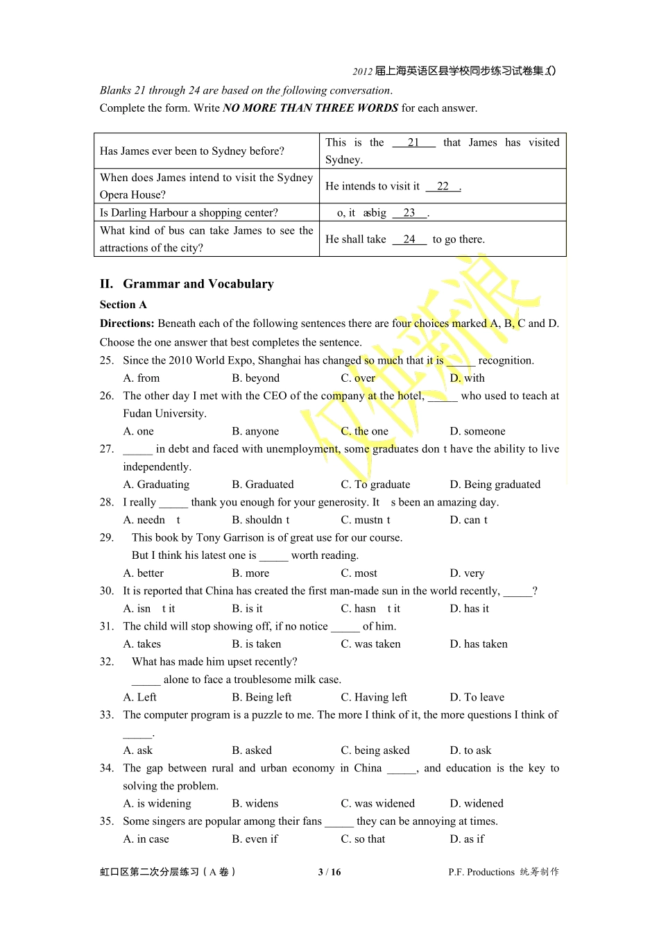 2012届上海英语区县学校同步练习试卷集2虹口区第二次分层练习(A卷)_第3页