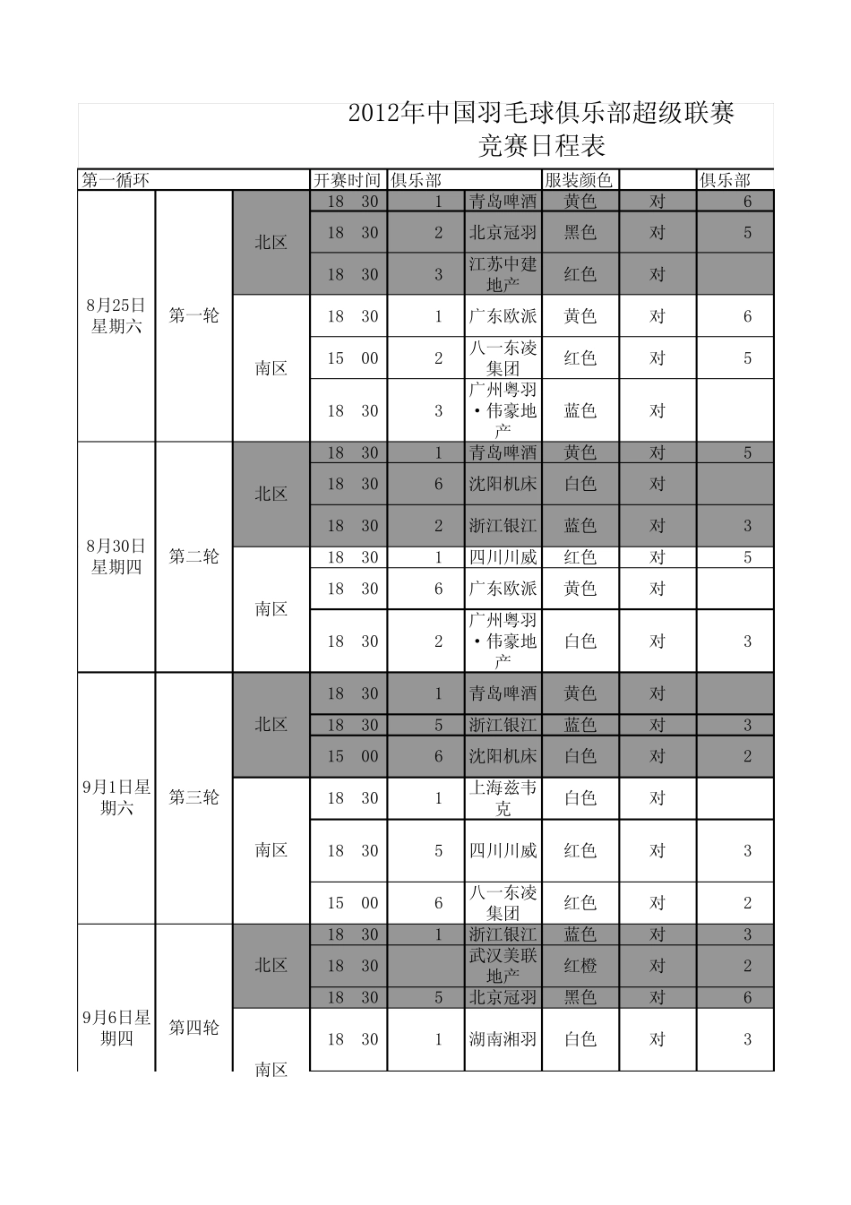 2012年中国羽毛球俱乐部超级联赛赛程表_第1页