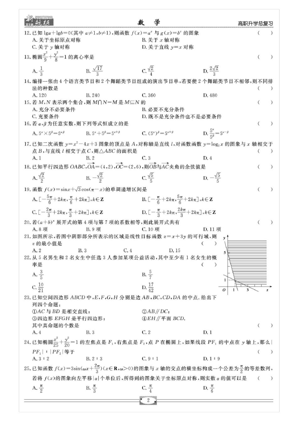 2012年山东春季高考数学试题_第2页