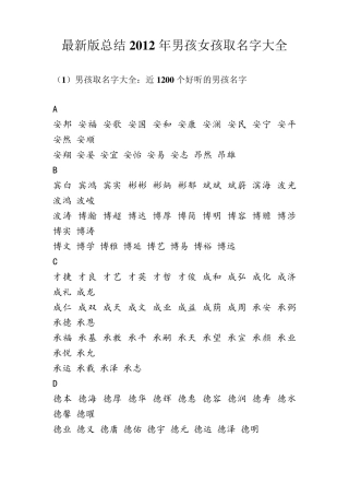 2012年男孩女孩取名字大全最新总结版