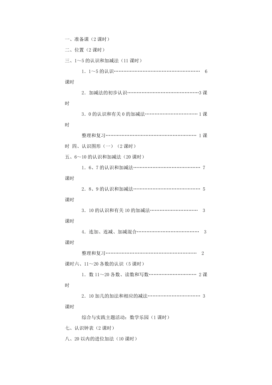 2012年秋人教版小学数学一年级上册教学计划单元计划_第1页