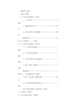 2012年秋人教版小学数学一年级上册教学计划单元计划