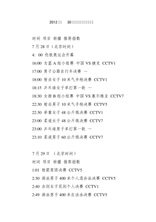 2012年第30届伦敦奥运会央视直播表