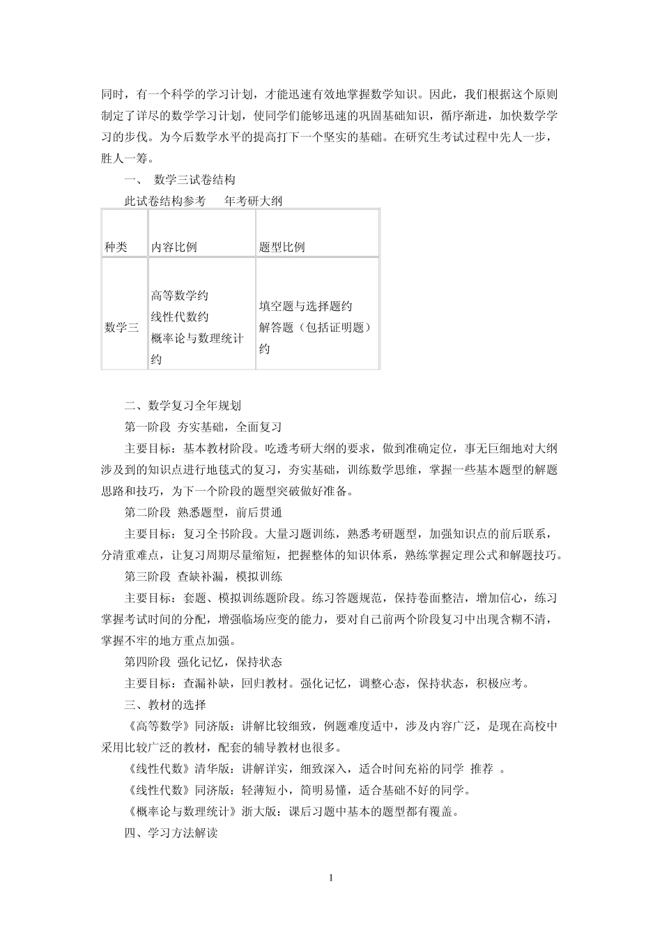 2012年考研数学复习计划(免费下载)_第1页