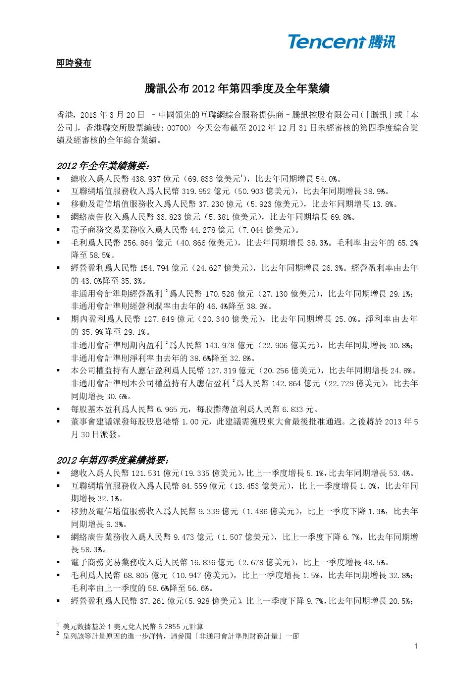 2012年腾讯全年及Q4财报数据报告_第1页
