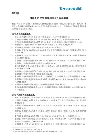 2012年腾讯全年及Q4财报数据报告