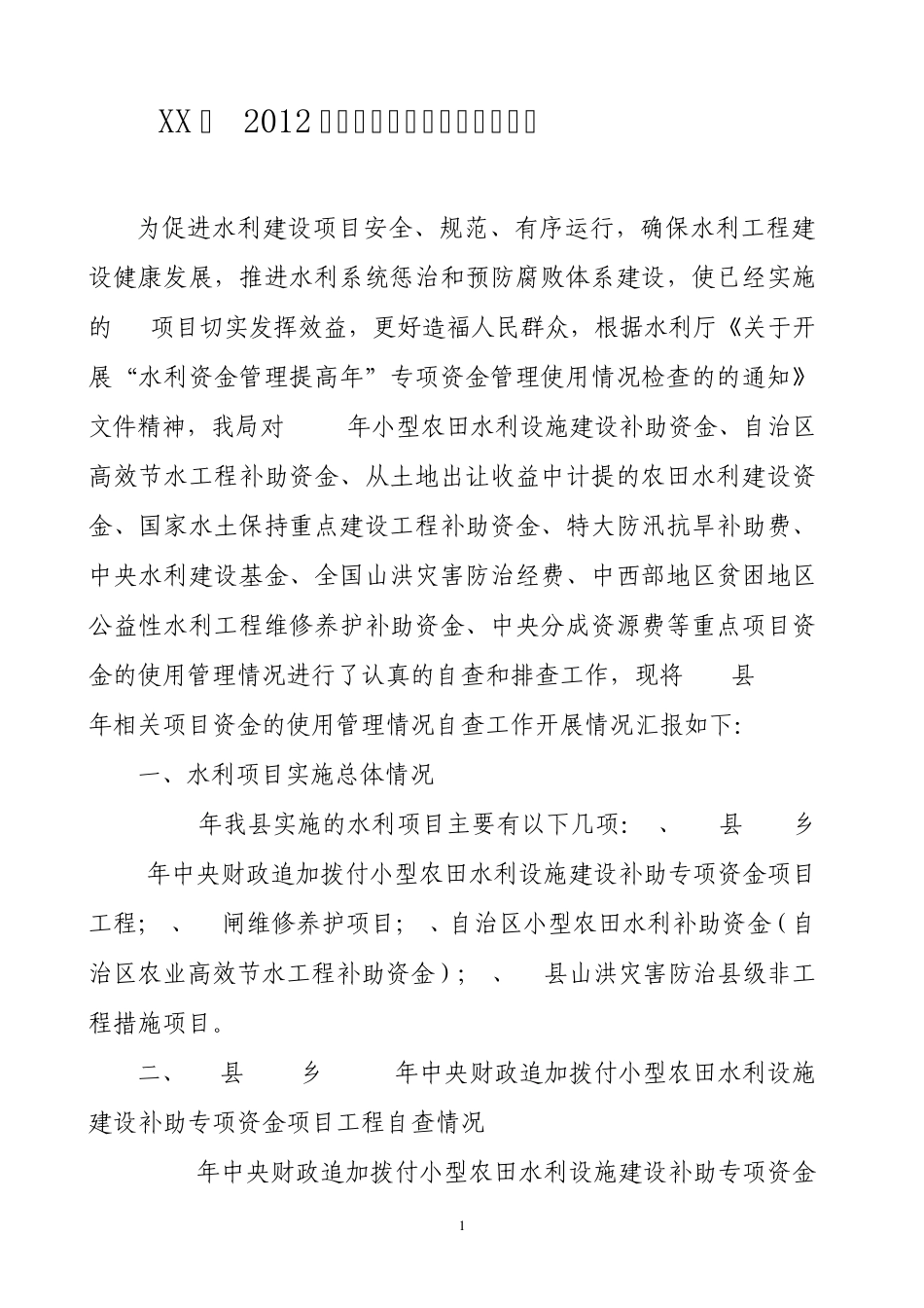 2012水利项目自查报告_第1页