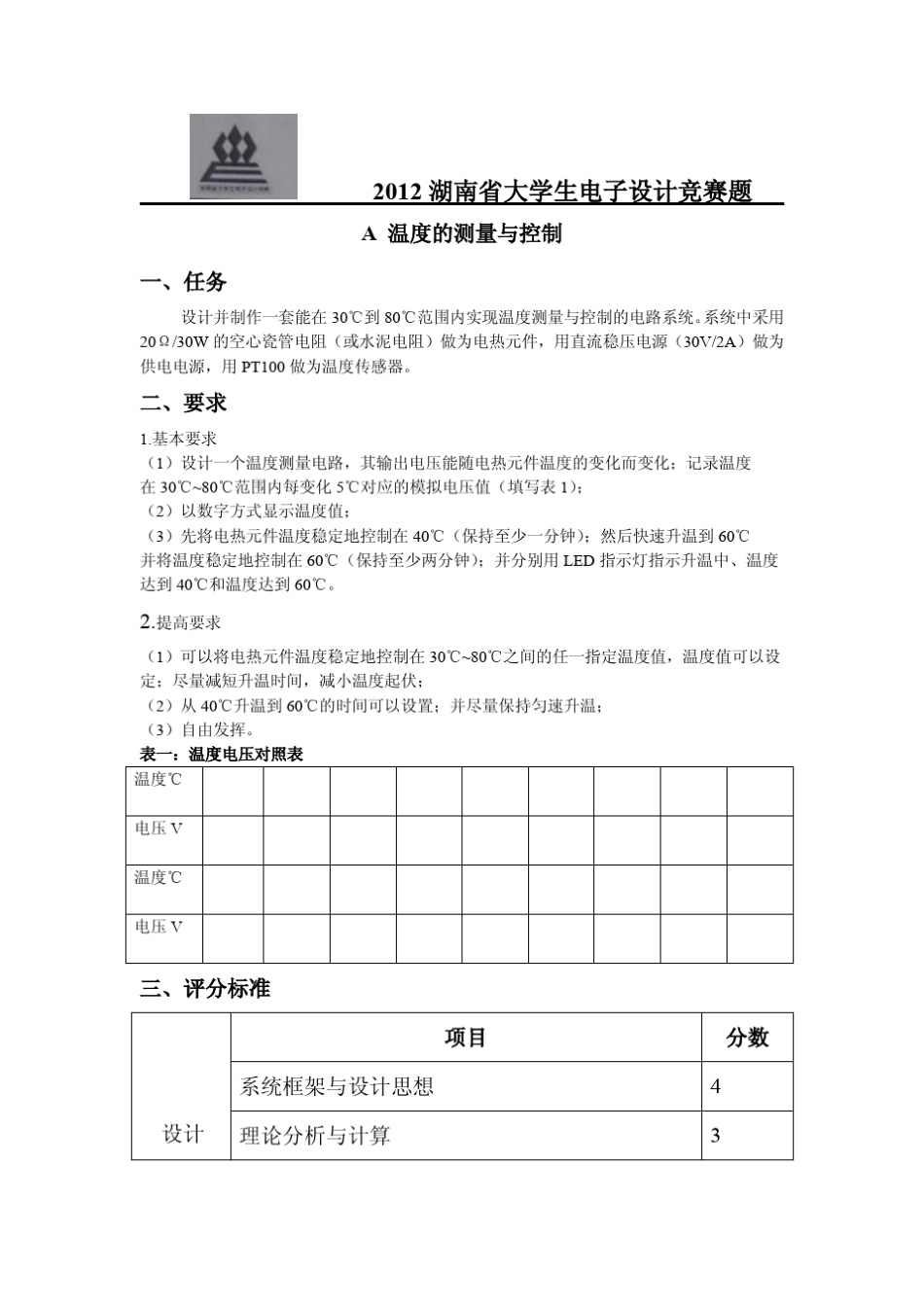 2012湖南省大学生电子设计竞赛试题_第1页