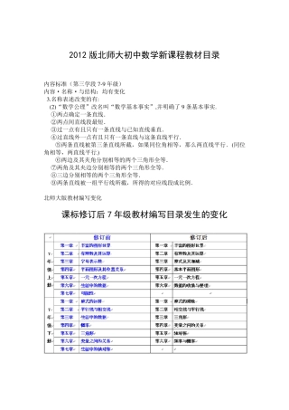 2012版北师大初中数学新课程教材目录