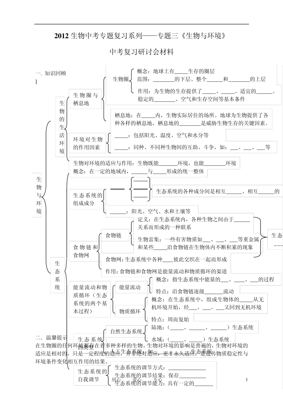 2012生物中考专题复习资料专题三《生物与环境》(含2011真题)_第1页