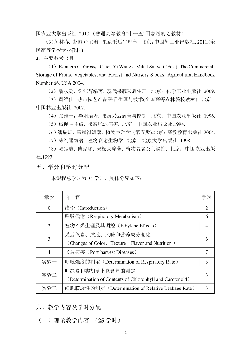 2012采后生物学课程教学大纲(2010级)_第2页