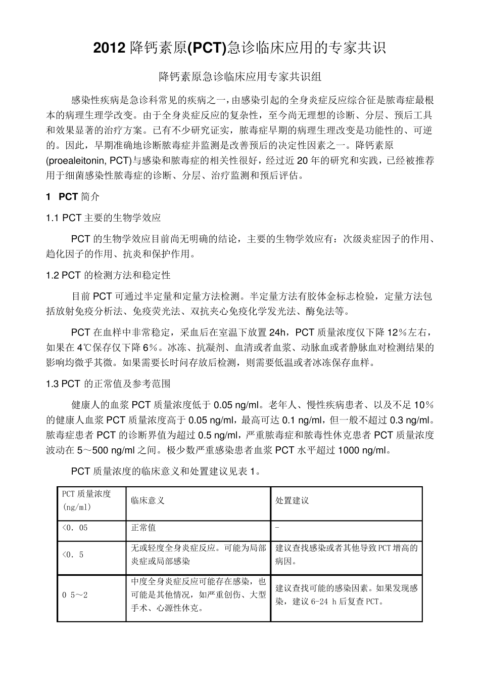 2012降钙素原(PCT)急诊临床应用的专家共识(word版)_第1页